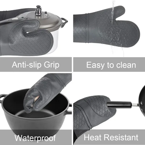 Miniatura 3 de 2 guantes de silicona para horno, impermeables y antideslizantes, resistentes a la temperatura hasta 500 °F 13 pulgadas, color gris
