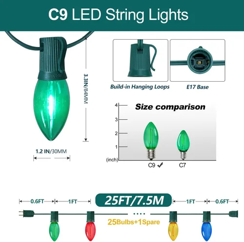 Miniatura 3 de C9 Luces de Cadena de Navidad, 25 pies 26 Bombillas Brillantes y Multicolores para Exteriores, Luces de Navidad para Techo, Patio, Jardín