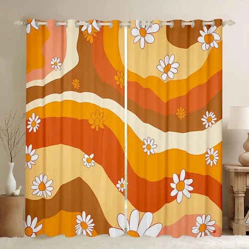 Cortina retro de margaritas de flores hippie para sala de estar, cortinas de ventana de flores groovy, con rayas vintage, 30% a 50%, cortinas opacas