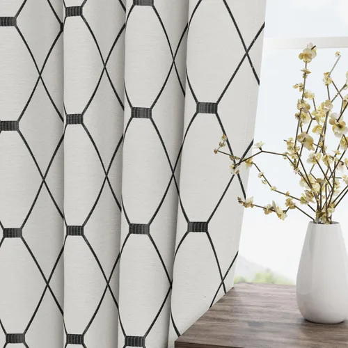 Miniatura 2 de Cortinas oscurecedoras de habitación con patrón geométrico negro de 80 pulgadas de largo para sala de estar, juego de 2 paneles, decoración clásica