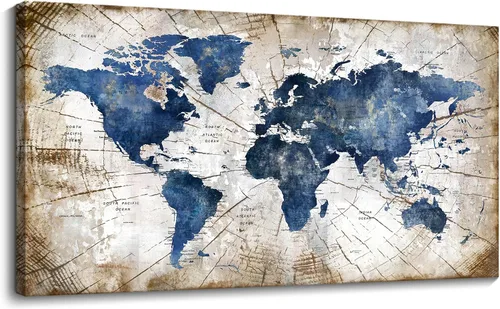 Miniatura 10 de Lienzo de mapa del mundo para pared, arte abstracto de mapas del mundo azul marino para pared, arte de pared moderno vintage para oficina, cuadros