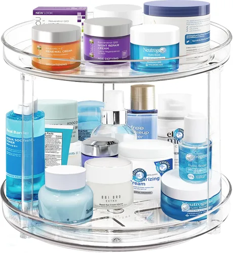 Miniatura 8 de Organizador Lazy Susan de 2 niveles para baño, organizador de maquillaje giratorio de 360 grados de 9.25 pulgadas transparente para tocador