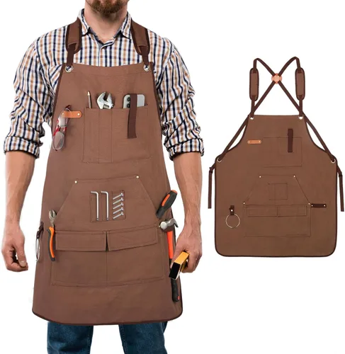 Miniatura 11 de Delantal de herramientas multifuncional para hombre, delantal de lona con múltiples bolsillos, soldadura, delantal de trabajo de carpintería, Gris