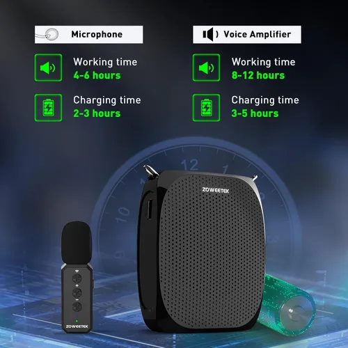Miniatura 3 de ZOWEETEK Amplificador de Voz con Micrófono Inalámbrico de Solapa Lavalier para Maestros, Nuevo Sistema de Micrófono Personal 2025, Altavoz Portátil
