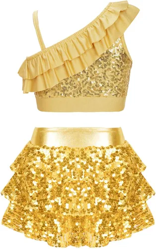 Miniatura 44 de JEATHA Top corto con borlas y lentejuelas brillantes para niñas, con minifalda, jazz latino, salsa, samba, rumba, baile