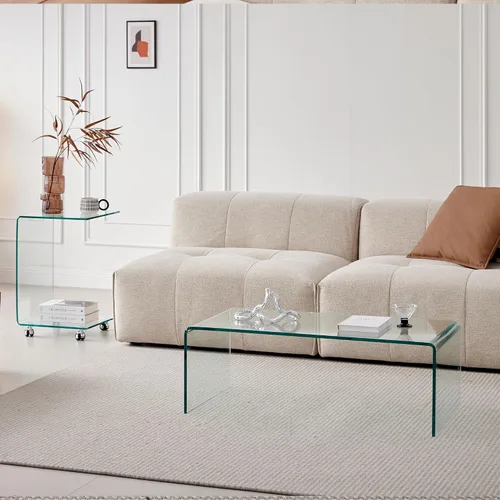 Miniatura 6 de Mesa de café de vidrio SMARTIK, mesas de café modernas transparentes para sala de estar, pequeña mesa rectangular de vidrio templado en cascada