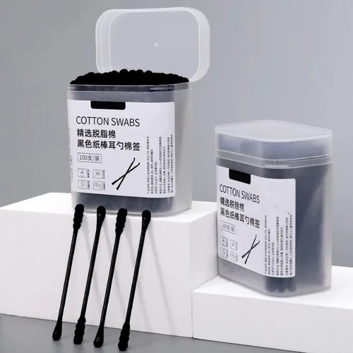 Miniatura 7 de Hisopo limpiador de oídos de doble cabeza altamente absorbente color negro maquillaje espiral algodón hisopo limpiador de oídos Gadget Home Supplies