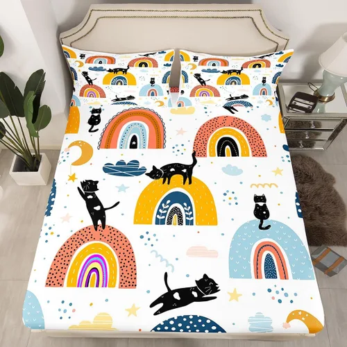 Erosebridal Sábana bajera ajustable de tamaño individual para niños y niñas, diseño colorido de nube, estrellas, luna, lindo juego de ropa de cama