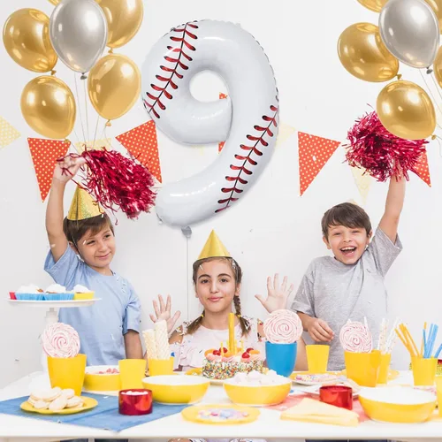 Miniatura 6 de Decoraciones de cumpleaños de béisbol, globo de béisbol número 9 de 40 pulgadas, globos temáticos deportivos para decoración de fiesta de cumpleaños