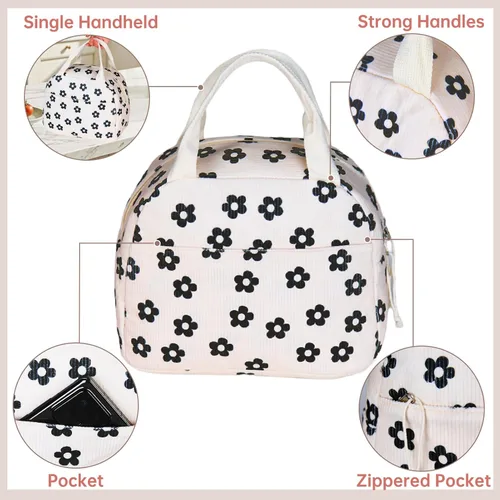 Miniatura 5 de Bolsa de almuerzo para mujeres, hombres y niñas, grandes y lindas bolsas de almuerzo de corduroy - Caja de almuerzo aislada reutilizable