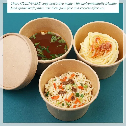 Miniatura 6 de Wuadua Paquete de 50 recipientes desechables de papel de 8 onzas con tapas, cuencos de sopa para llevar para fideos, ensalada, restaurante