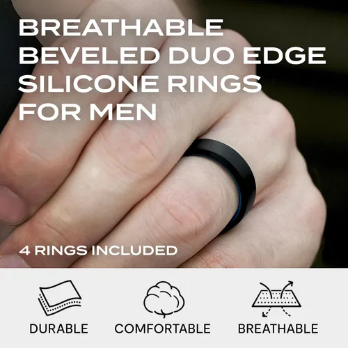 Miniatura 2 de ROQ - Anillo de boda y compromiso de goma de silicona para hombre, de ajuste cómodo, transpirable, borde biselado o dúo, paquete surtido, variedad