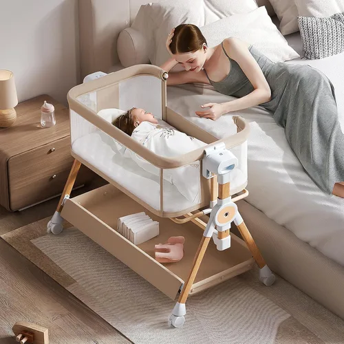Miniatura 8 de Moisés de bebé 3 en 1, moisés de cabecera/mecedora para bebé, cuna de cabecera con ruedas bloqueables, colchón impermeable, 6 alturas ajustables