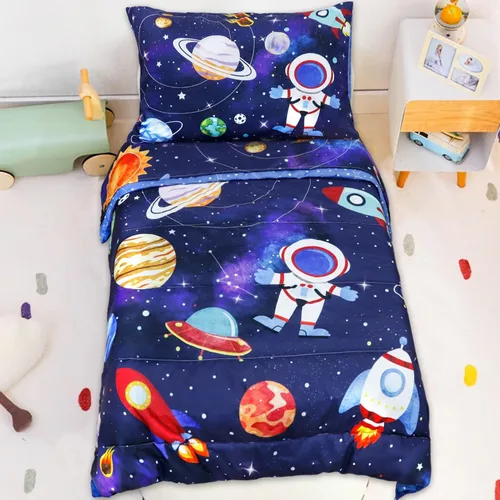 Miniatura 8 de SWESEN Juego de ropa de cama para niños pequeños, juego de ropa de cama azul espacial, suave y ligero de 4 piezas, incluye edredón, sábana encimera