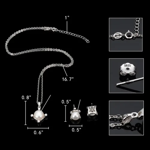 Miniatura 4 de EleQueen 925 Sterling Silver CZ AAA Button Cream Freshwater Cultured Pearl Bridal Pendant Necklace Earrings Jewelry Set for Women Wedding