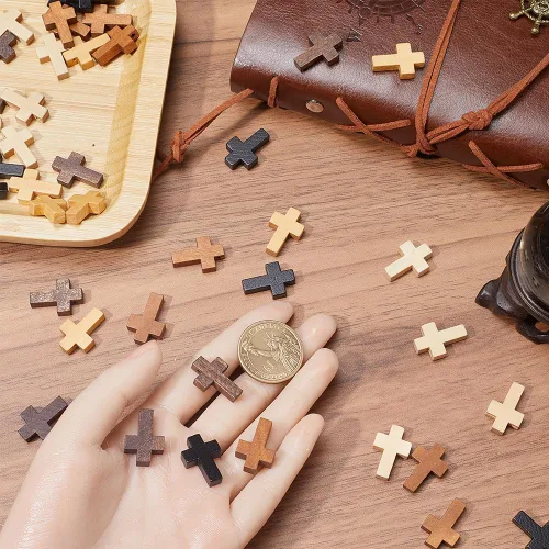 Miniatura 3 de SUNNYCLUE 100 dijes de cruz de madera a granel, cuentas de madera natural, mini cruces de bolsillo blancas y negras, rosario, crucifijo de Pascua