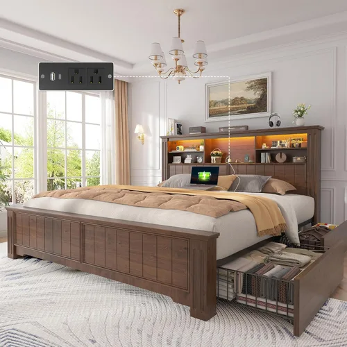 Miniatura 12 de EnHomee Base de cama King y cabecero, marco de cama tamaño King con 4 cajones de almacenamiento, cama King con luces LED y puertos de carga,