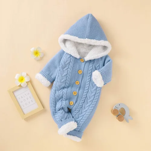 Miniatura 6 de puseky Mameluco de vellón de punto para bebé recién nacido, con capucha, de una pieza, para exteriores, Azul Patchwork, 0-6 meses