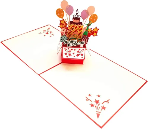 Miniatura 5 de iGifts And Cards Tarjeta desplegable 3D de cumpleaños 21 – Caja de fiesta roja de moda sorpresa con globos, regalos y vibraciones de alegría