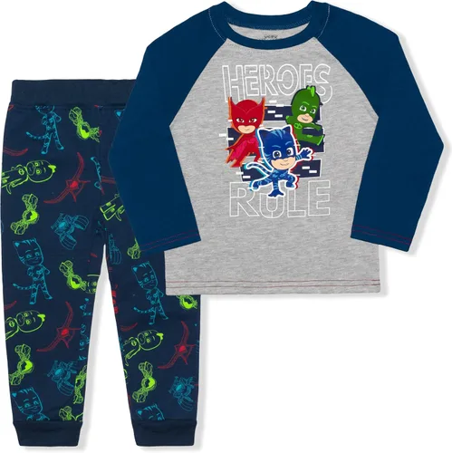 PJ Masks Catboy, Gekko and Owlette Boys Long Sleeve Shirt and Jogger Pants Set for Toddler and Little Kids NavyGrey