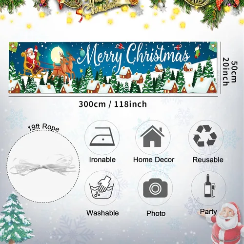 Miniatura 2 de Cartel de Navidad al aire libre, gran tela azul decoraciones de Feliz Navidad con Papá Noel renos regalos de fondo, cartel de Navidad para patio