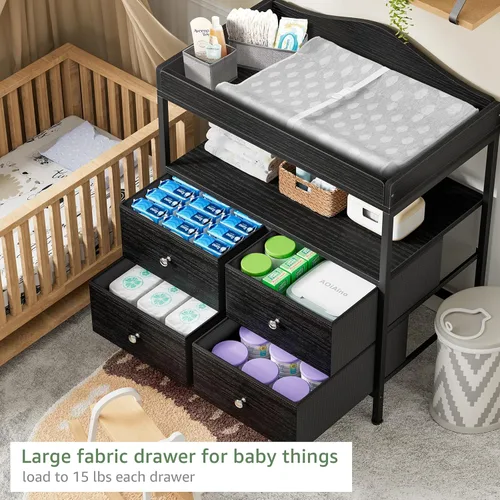 Miniatura 5 de BOLUO Cómoda Cambiador Negra con 4 Cajones de Tela y Estante Abierto, Cómoda para Bebé con Superficie de Cambiador, Estación de Cambio de Pañales