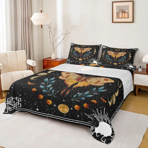 Miniatura 22 de Erosebridal Juego de sábanas tamaño individual con estampado de luna, diseño de flores de loto, color morado degradado, juego de sábanas orientales