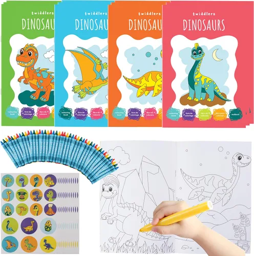 THE TWIDDLERS 12 libros de dinosaurios para colorear para niños (4 temas, 48 crayones 216 calcomanías), mini libros para colorear para niños,