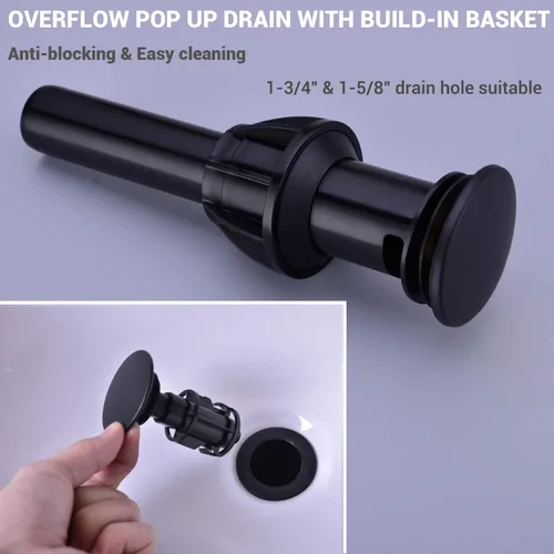 Miniatura 5 de Grifo de baño central de 4 pulgadas con montaje de drenaje desplegable de desbordamiento, negro mate, níquel cepillado y oro cepillado Mate negro