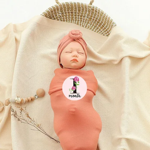 Miniatura 6 de Trilly Juego de manta para bebé con turbante, rosa coral, 12 calcomanías de hitos para niñas, mantas para recién nacidos