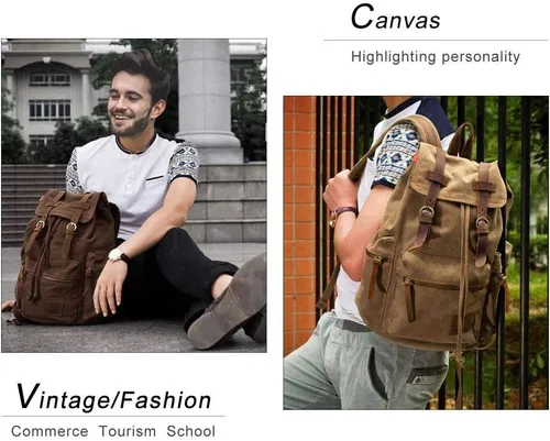 Miniatura 4 de koolehaoda Mochila de lona vintage unisex casual para laptop de 12 a 17 pulgadas, mochila de viaje, camping, senderismo (L, verde militar)