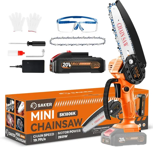 Miniatura 10 de Saker Mini motosierra inalámbrica de 6 pulgadas con interruptor de bloqueo de seguridad, motosierra eléctrica inalámbrica, motosierra pequeña