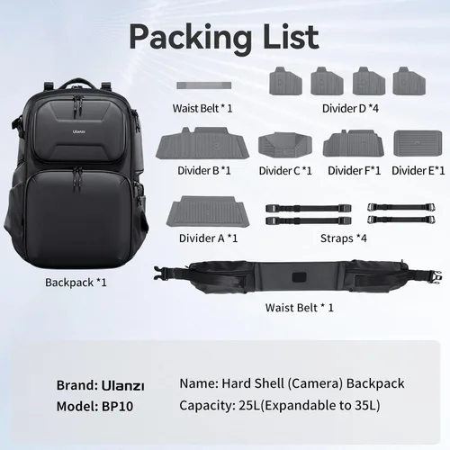 Miniatura 6 de ULANZI BP10 - Mochila rígida para cámara de 35 litros para DSLR fotografía profesional accesorios de video trípode de viaje almacenamiento bolsa