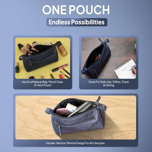 Miniatura 9 de Bolsa de maquillaje de cuero para mujer, bolsa de cosméticos de cuero genuino, bolsa de maquillaje hecha a mano con cremallera, bolsa de aseo Azul