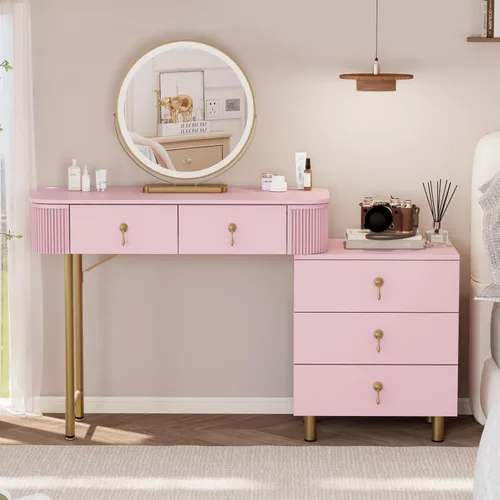 Miniatura 7 de Royal Windsor Escritorio de maquillaje con espejo y luces, mesa de tocador moderna con 5 cajones, escritorio de maquillaje con 3 modos de Rosa