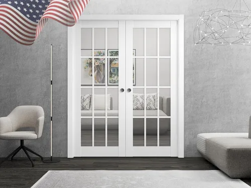 SARTODOORS Puertas correderas francesas de doble bolsillo de 72 x 80 pulgadas, vidrio transparente, 12 lites, Felicia 3355 blanco mate, kit de