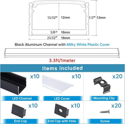 Miniatura 5 de Muzata Paquete de 10 canales LED de tamaño grande de 3.3 pies/3.3 ft, canal difusor de tira LED negro con cubierta difusora blanca esmerilada