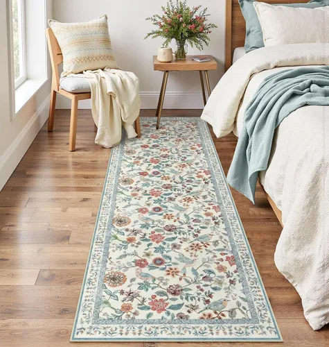 Miniatura 6 de Rugalia Alfombra de pasillo floral azul, alfombra lavable de 2 x 6 pies para pasillos, antideslizante, suave, de pelo bajo, con flores, pájaros, Rosa