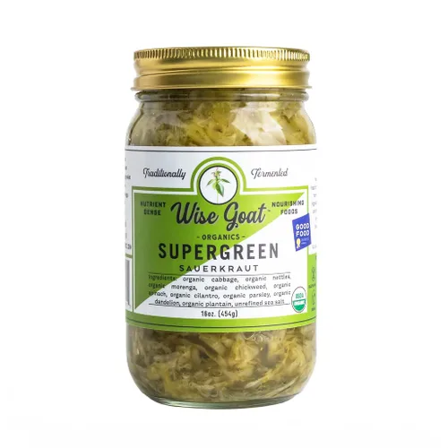 Chucrut Probiótico Fermentado Orgánico Crudo, Variedad "Supergreen" [Vegano, Sin Gluten, Sin OGM, Probiótico] Frasco de Vidrio de 16 oz por Wise