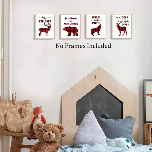 Miniatura 4 de TANXM 4 piezas de arte de pared de bosque a cuadros rojos y negros, impresiones de citas de aventuras salvajes con ciervo, oso lobo, decoración