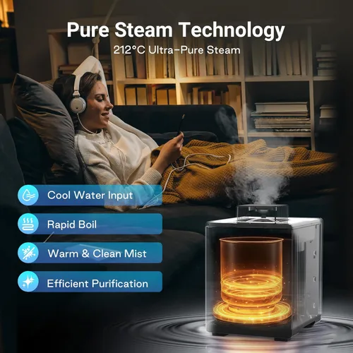 Miniatura 2 de Humidificador de vapor caliente de acero inoxidable de 3L con función de limpieza fácil y vapor caliente, humidificadores de niebla de aire 4L negro