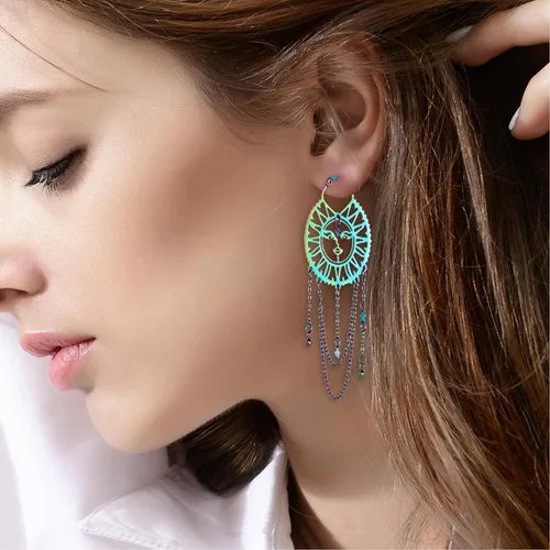 Miniatura 2 de Aretes asimétricos de sol y luna para mujer, aretes bohemios de arco iris, cadena de borla de estrella, aretes colgantes de acero inoxidable