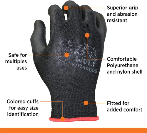 Miniatura 4 de WOLF Guantes de trabajo con palma recubierta de poliuretano y carcasa de nylon, para construcción, mecánica, almacén, trabajo de jardinería, trabajo