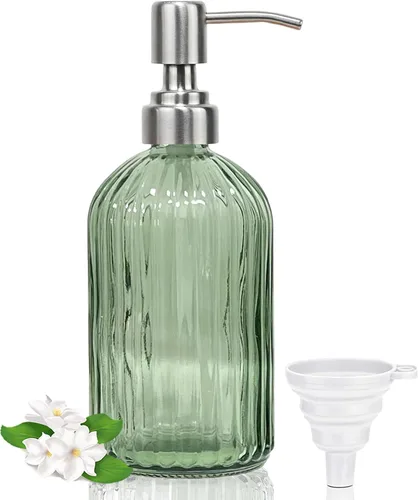 Miniatura 15 de Dispensador de jabón verde de 14 onzas para baño, paquete de 2, dispensadores de jabón de manos de vidrio transparente con bomba de acero