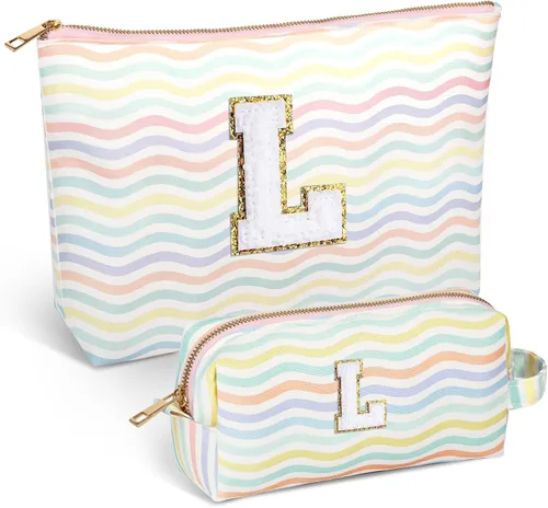 Miniatura 47 de Bolsa de viaje de maquillaje con monograma de 2 piezas para regalos de niñas adolescentes, bolsa de cosméticos para niñas, bolsa de aseo de viaje