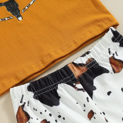 Miniatura 90 de fhutpw Conjunto de camiseta de manga corta con estampado de vaca y pantalones acampanados de dibujos animados para niñas