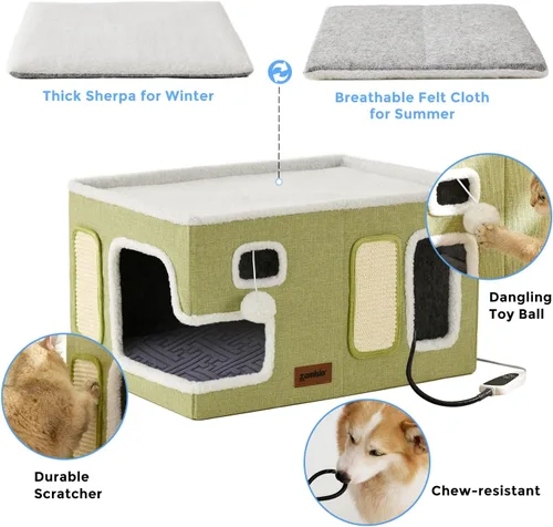 Miniatura 5 de ZOMISIA Casa térmica para gatos de interior – Cama grande de calentamiento para gatos para invierno con bola esponjosa colgante y almohadilla