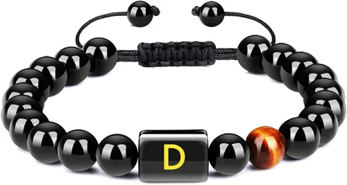 Pulseras de iniciales para hombre, eslabones de letra, hechas a mano, 0.315 in, ónix negro natural, cuentas de piedra de ojo de tigre, cuerda