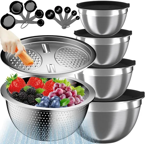 Nicdiet Juego de tazones para mezclar con tapas, 16 cuencos de acero inoxidable, cuencos de almacenamiento anidables para cocina con tazón para