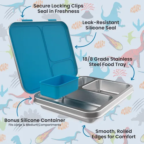 Miniatura 6 de Bentgo Lonchera de acero inoxidable para niños, resistente a las fugas, 3 compartimentos con recipiente de silicona adicional, duradera, ecológica
